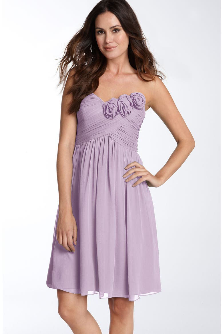Rosette Trim Strapless Chiffon Dress, Main, color, LAVENDER