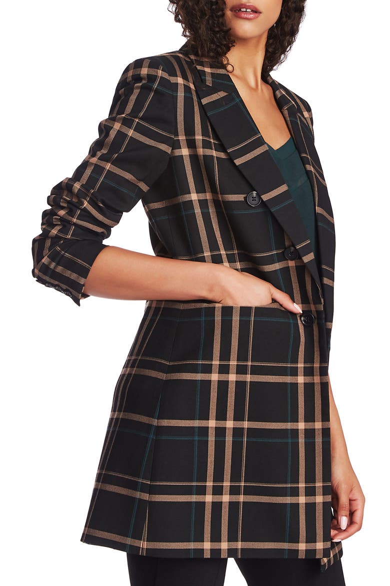 Dynamite Plaid Ruched Sleeve Blazer, Alternate, color, RICH BLACK