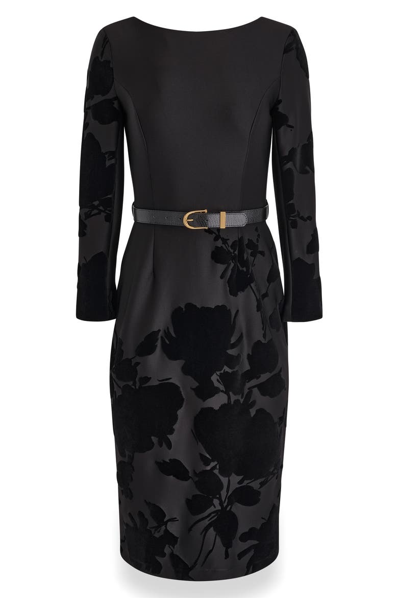 Velvet Floral Belted Long Sleeve Sheath Dress, Alternate, color, BLACK/BLACK