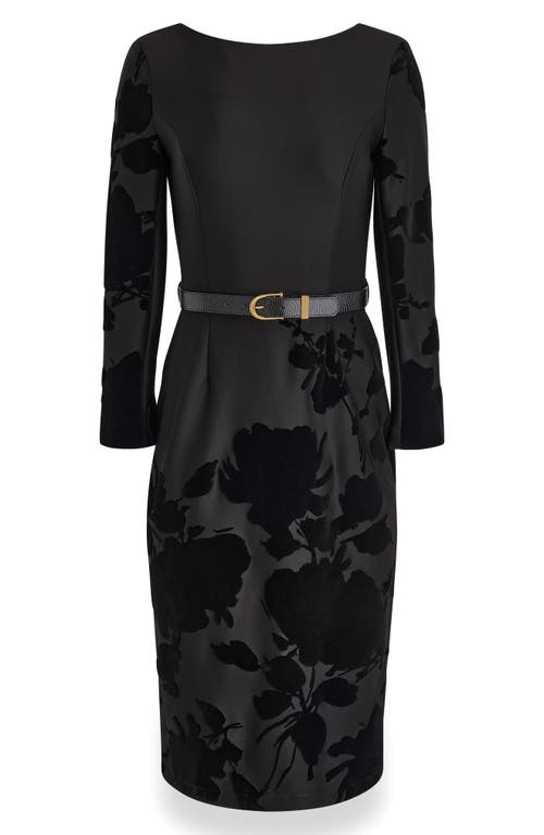 Donna Karan New York Velvet Floral Belted Long Sleeve Sheath Dress In Black
