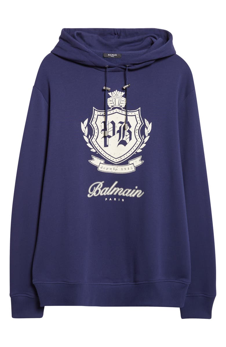 Balmain College Emblem Cotton Graphic Hoodie, Alternate, color, Spv Bleu/ Beige