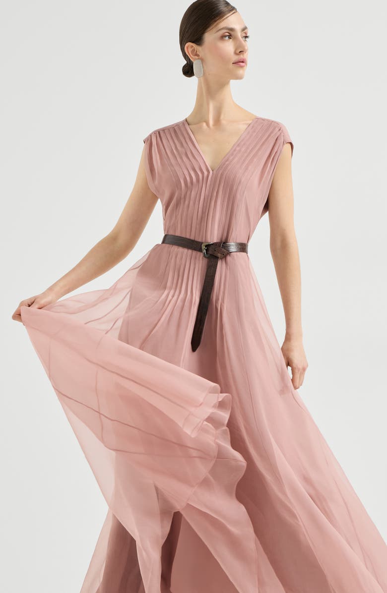 Brunello Cucinelli Crispy silk dress with monili, Alternate, color, Pink