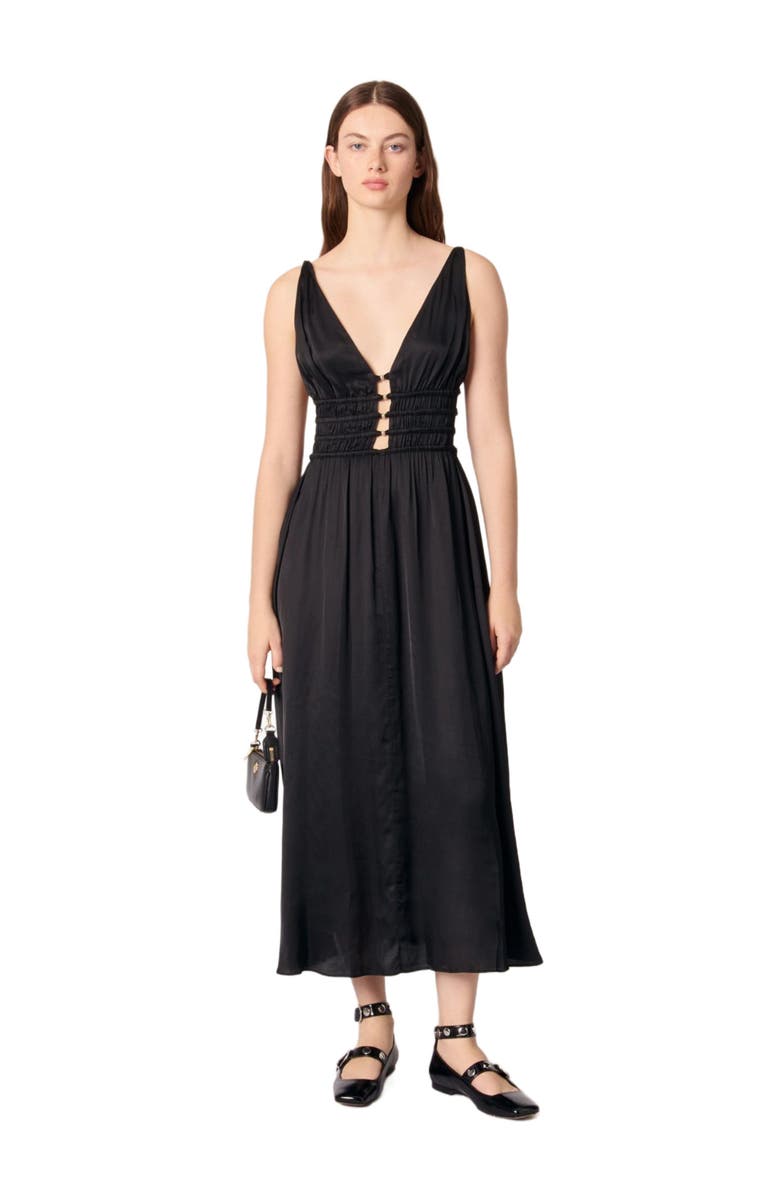 maje Openwork satin-effect dress, Main, color, Black