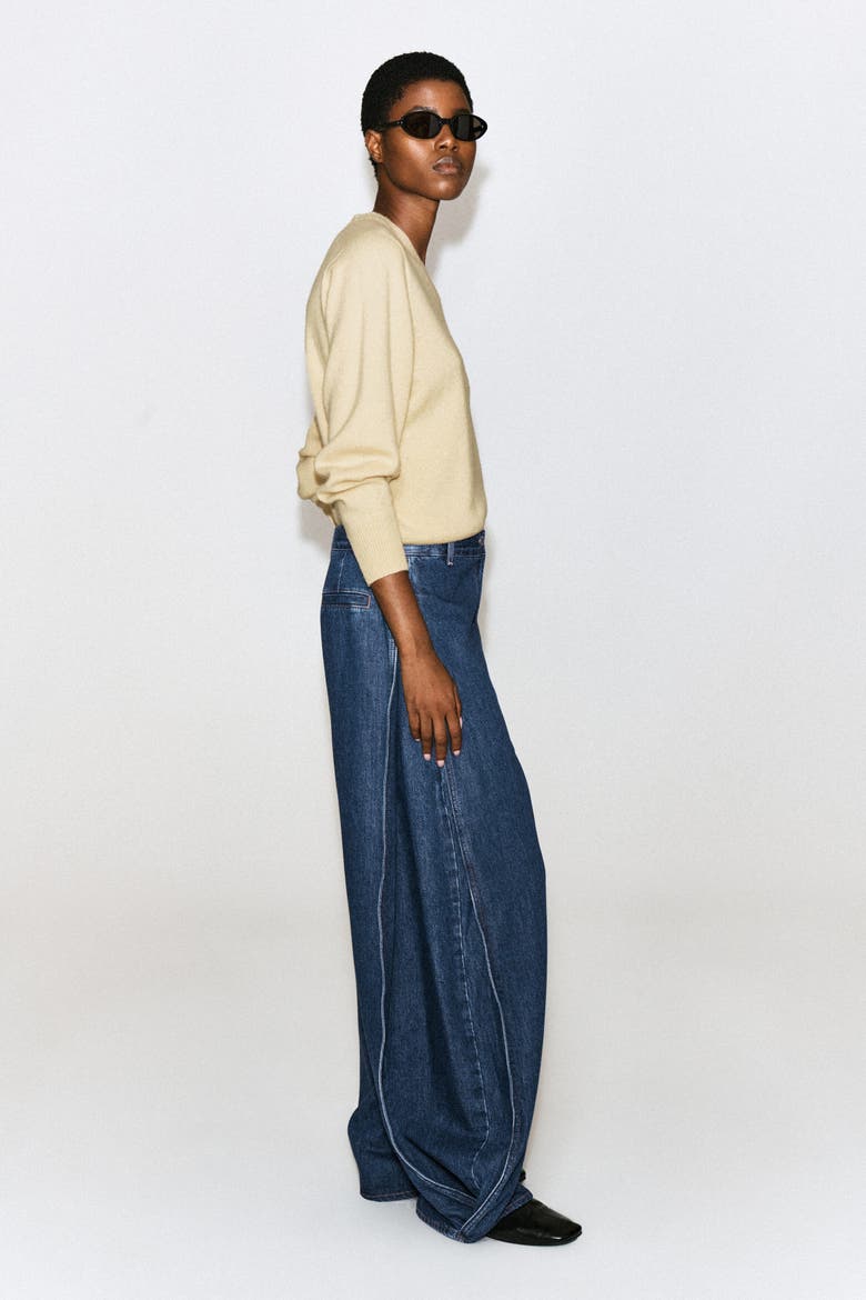 Pleated-Panel Denim Barrel-Leg Pants, Alternate, color, BLUE