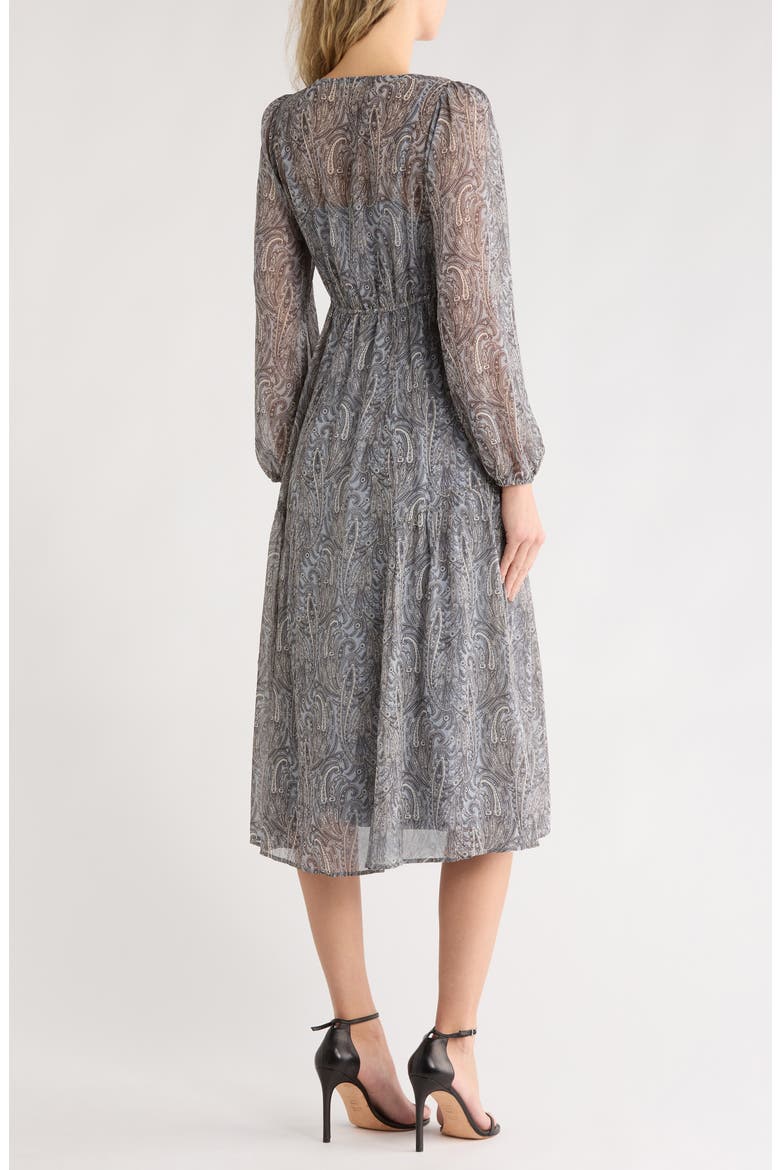 Paisley Long Sleeve Chiffon Midi Dress, Alternate, color, GREY/ NATURAL