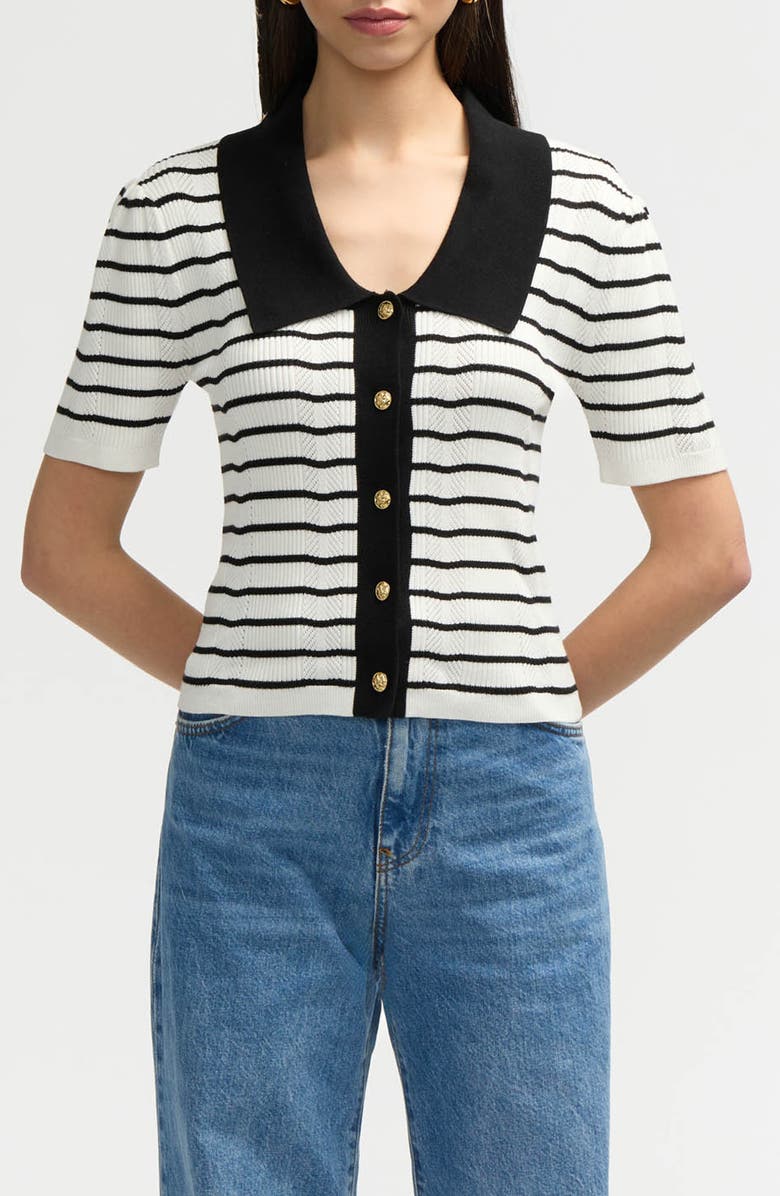 NVLT Stripe Short Sleeve Cotton Blend Sweater, Main, color, Marshmallow/ Black Stripe