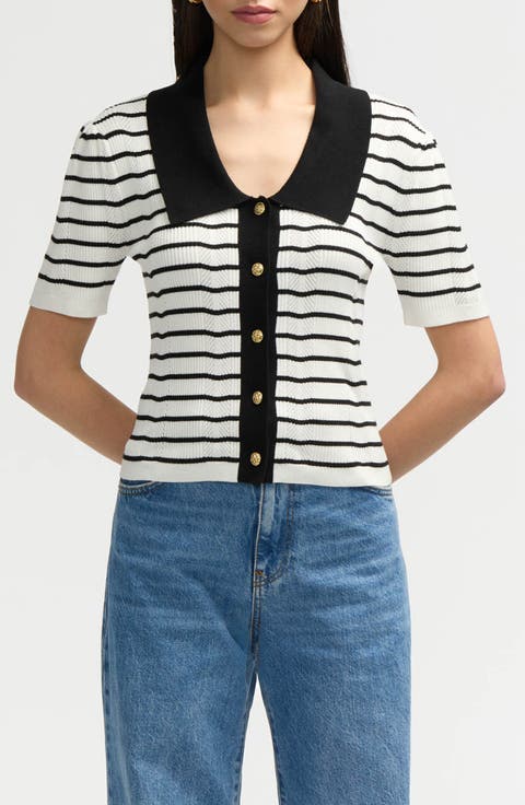 Stripe Short Sleeve Cotton Blend Sweater