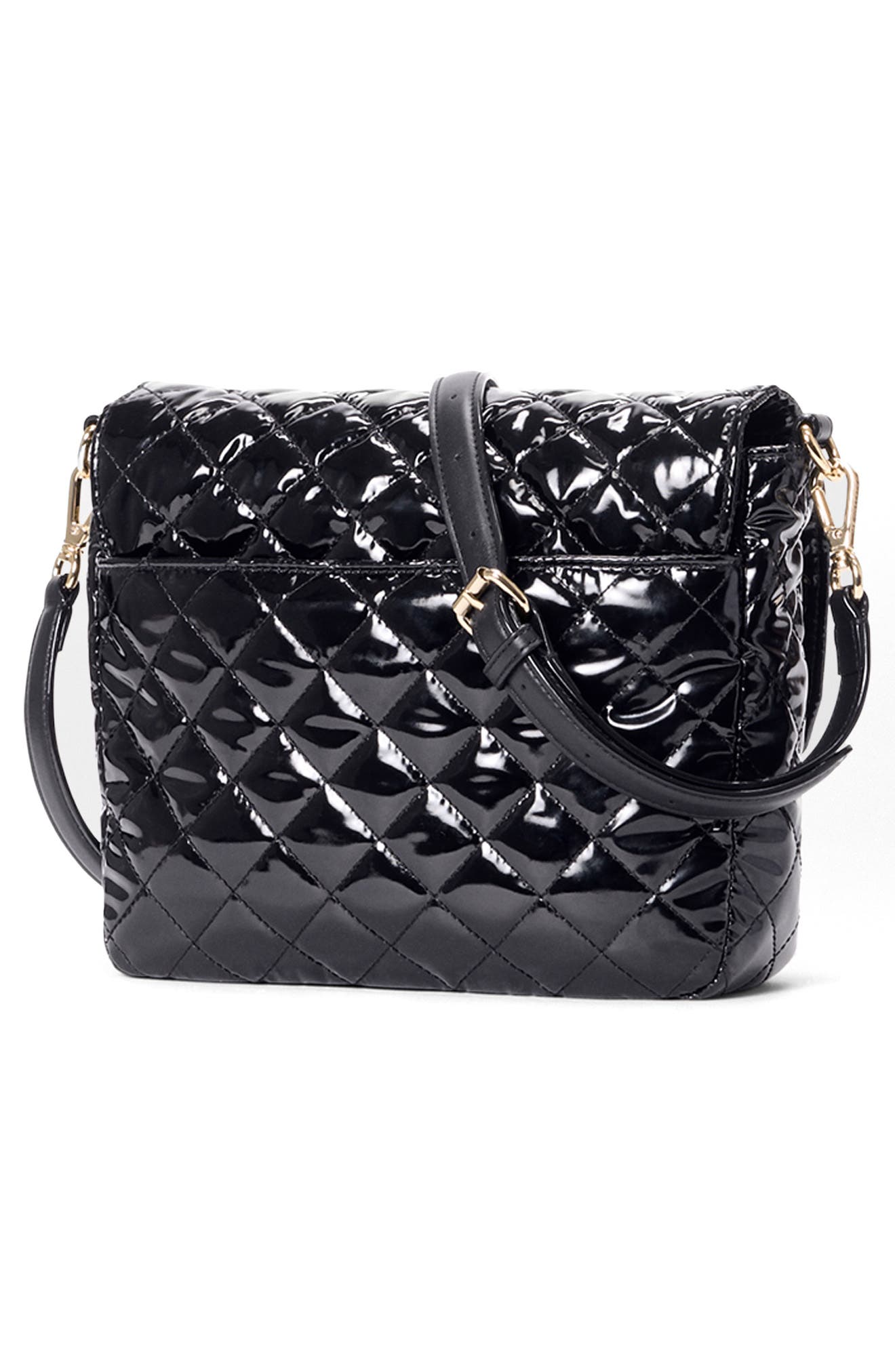 MZ Wallace Medium Crosby Lock Quilted Nylon Crossbody Bag, Alternate, color, Black Lacquer