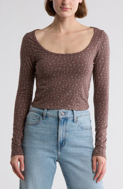 Floral Scoop Neck Long Sleeve Crop Top