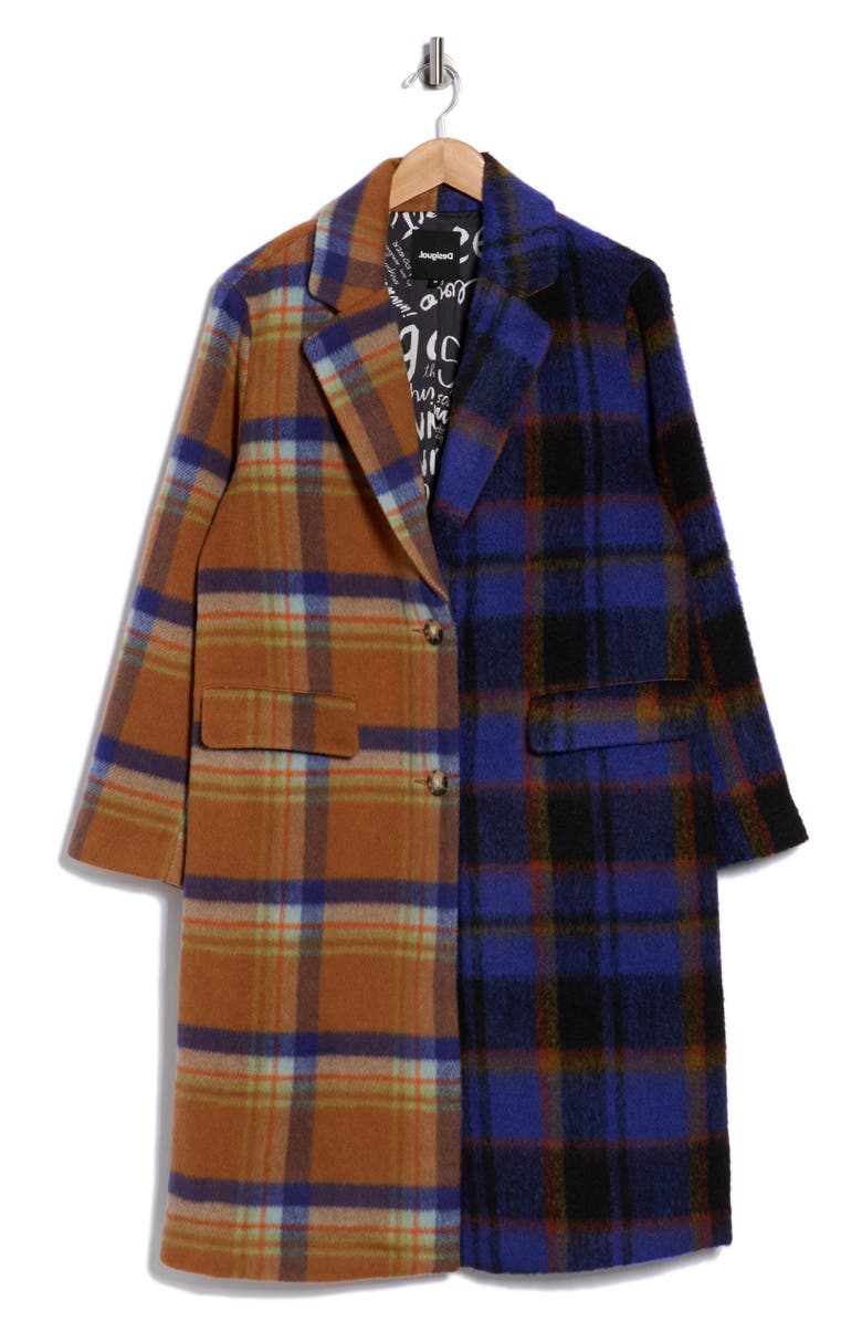 Desigual Plaid Wool Blend Overcoat, Alternate, color, Orange