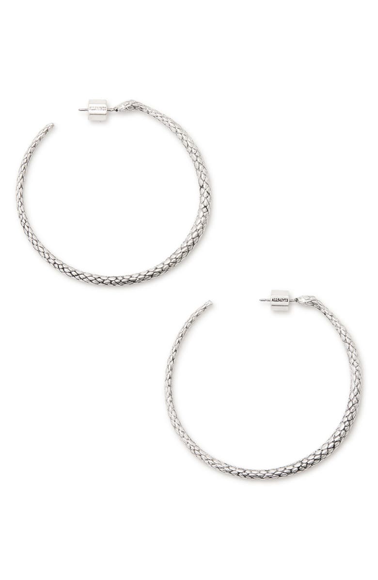AllSaints Serpent Hoop Earrings, Main, color, Warm Silver