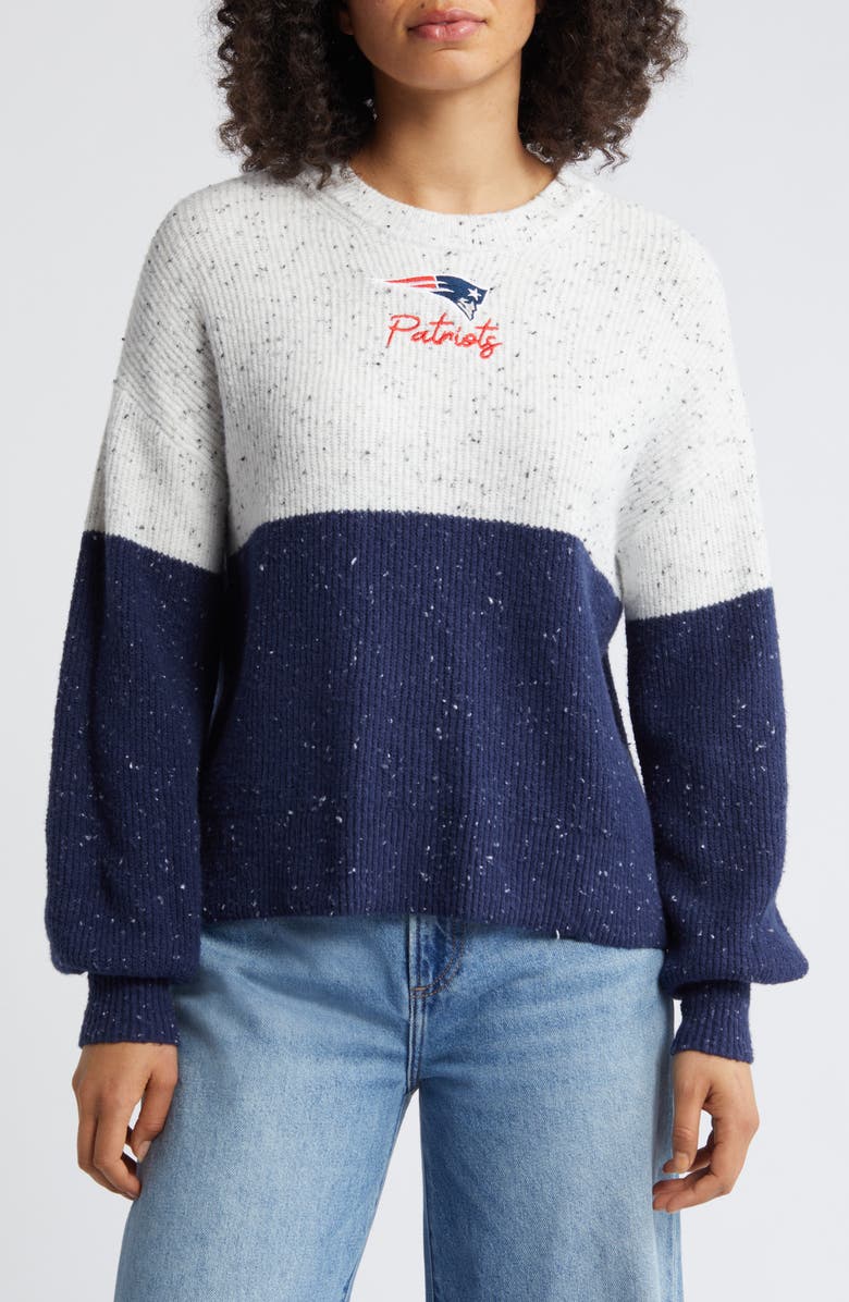 WEAR by Erin Andrews Women's WEAR by Erin Andrews  White/Navy New England Patriots Lighweight Modest Crop Color-Block Pullover Sweater, Main, color, White