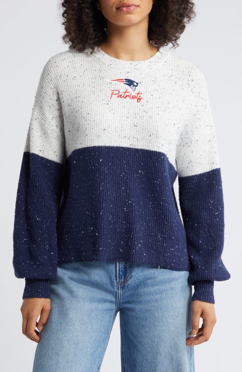 Women's WEAR by Erin Andrews  White/Navy New England Patriots Lighweight Modest Crop Color-Block Pullover Sweater