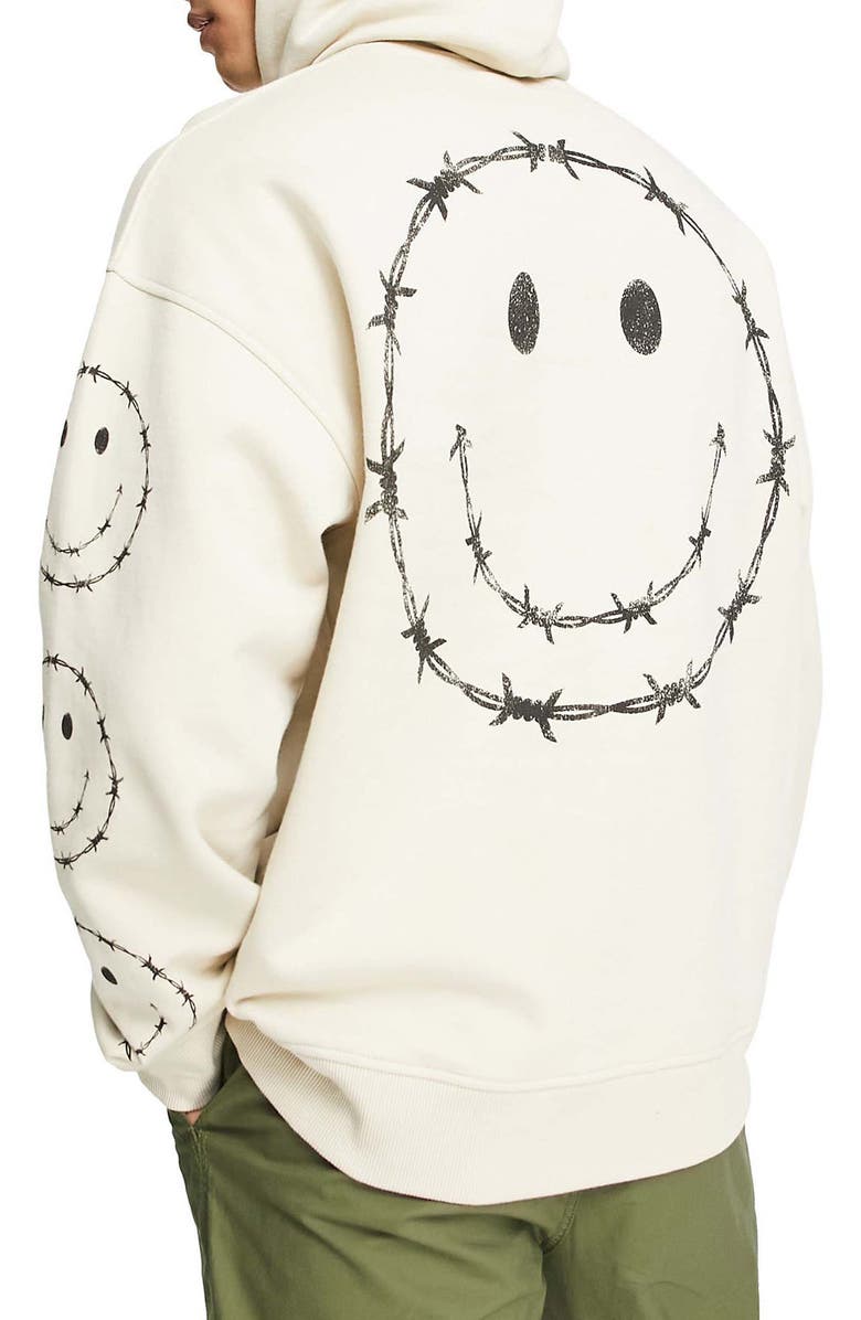 Topman Smile Oversize Cotton Graphic Hoodie, Alternate, color, Stone