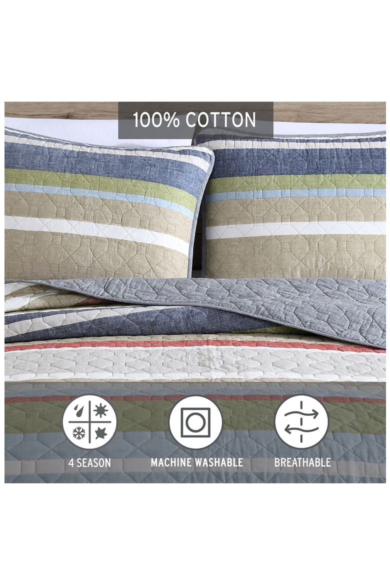 Salmon Ladder Cotton Quilt 3-Piece Set, Alternate, color, KHAKI/ NAVY