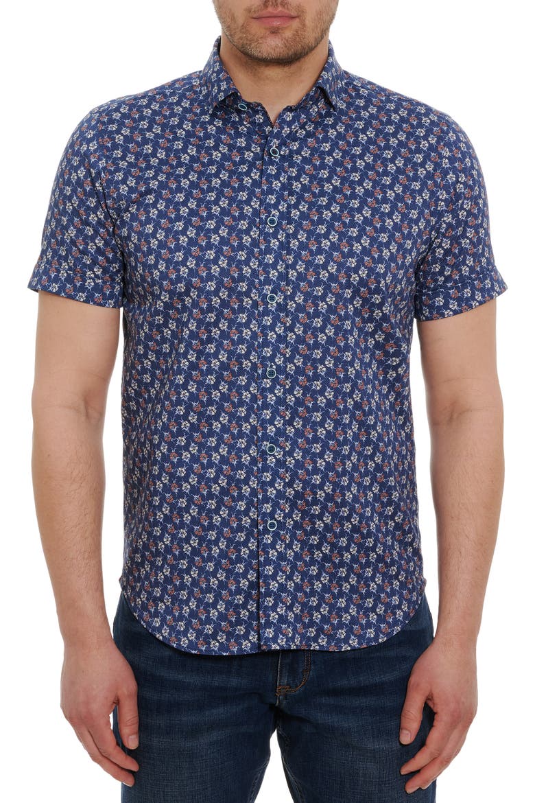 Floras Floral Print Short Sleeve Button-Up Shirt, Main, color, NAVY