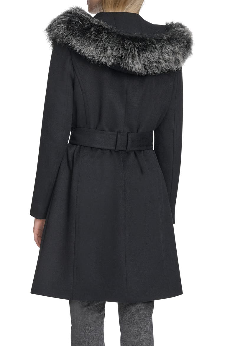 Slick Wool Blend Coat with Faux Fur Trim Hood, Alternate, color, BLACK