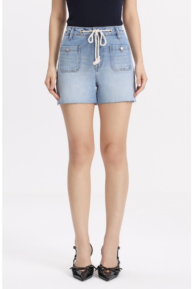 Drawstring Raw Hem High Waist Denim Shorts, Main, color, LIGHT BLUE