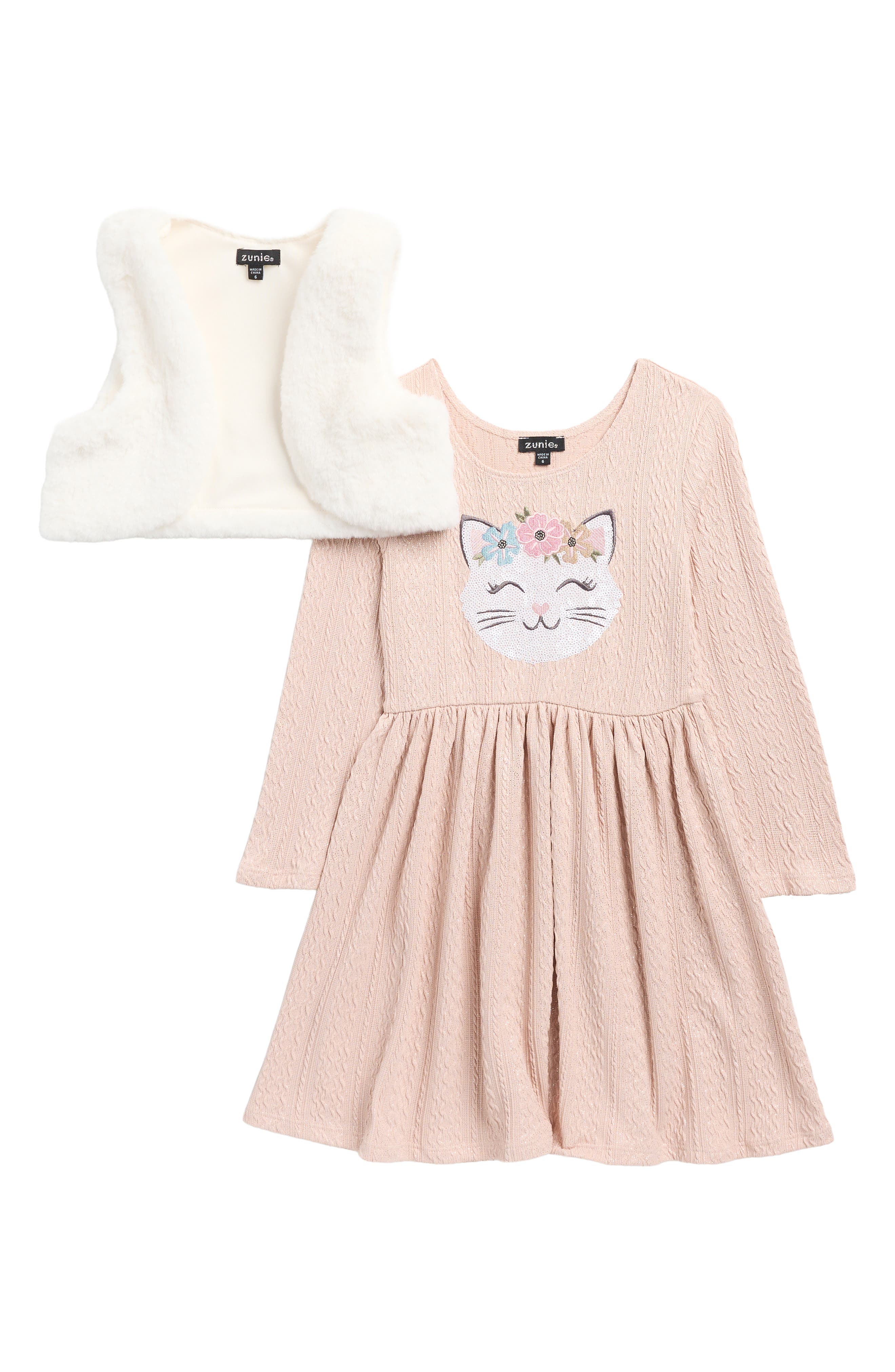 Zunie Kids' Sequin Cat Sweater Dress & Faux Fur Vest Set