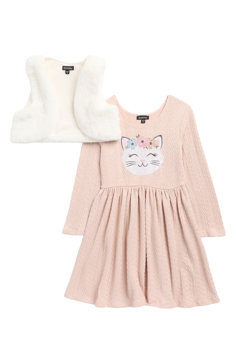 Zunie Kids' Sequin Cat Sweater Dress & Faux Fur Vest Set, Main, color, Champagne