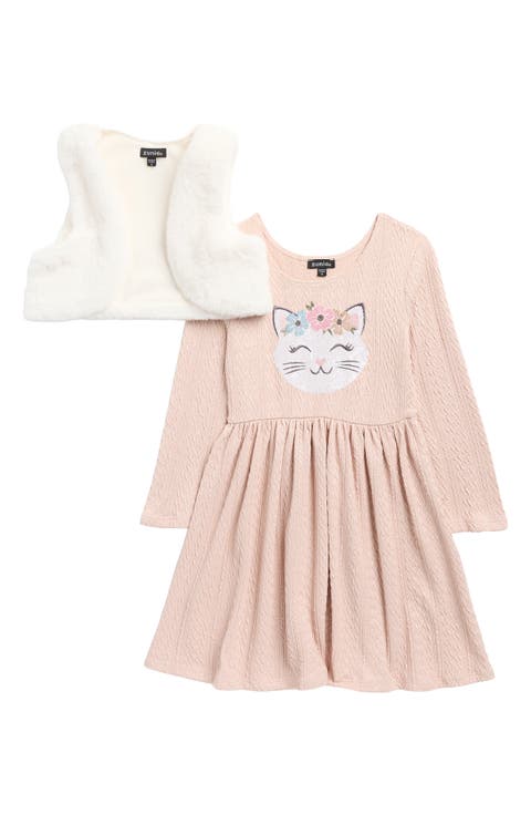 Kids' Sequin Cat Sweater Dress & Faux Fur Vest Set (Little Kid)