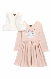 Zunie Kids' Sequin Cat Sweater Dress & Faux Fur Vest Set