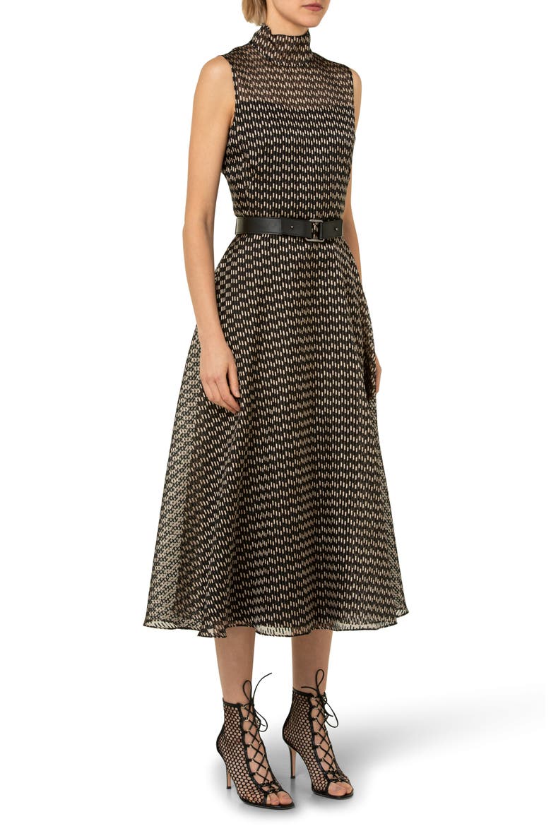 Belted Silk Blend Organza Midi Dress, Alternate, color, BLACK-CARDBOARD
