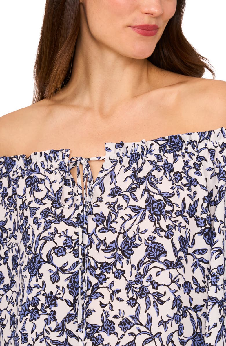 CeCe Off the Shoulder Long Sleeve Top, Alternate, color, New Ivory Blue Border