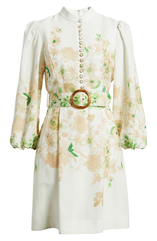 Tahari Asl Border Print Belted Long Sleeve Dress In Ivory Fern