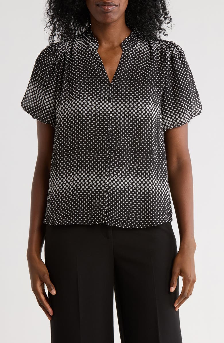 Adrianna Papell Bubble Sleeve Covered Button-Up Top, Main, color, Black/ Cream Rising Dot