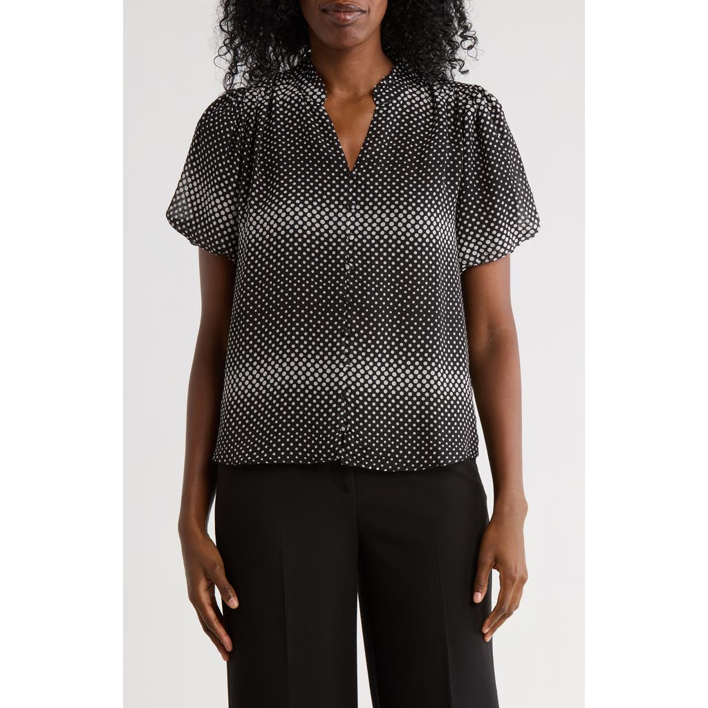Adrianna Papell Bubble Sleeve Covered Button-up Top In Black