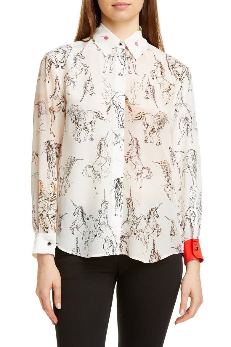 Lucinda Unicorn Sketch Mulberry Silk Shirt, Main, color, BLACK IP PATTERN