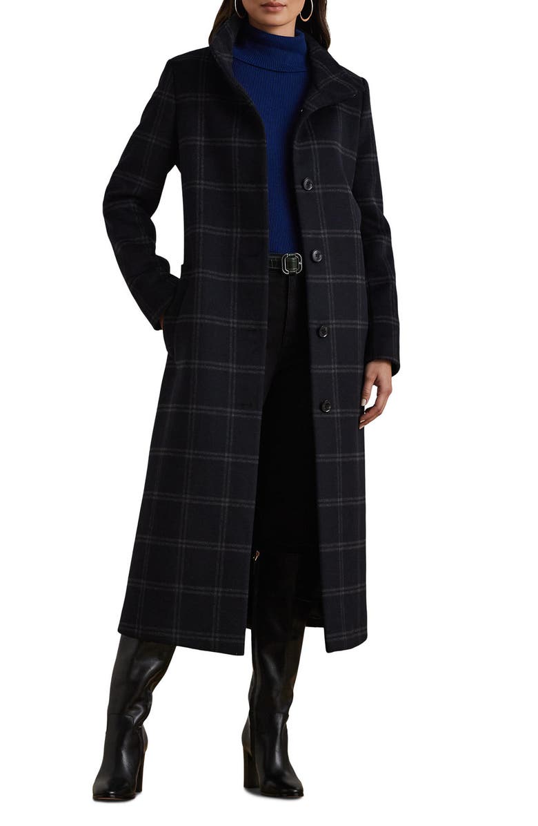 Lauren Ralph Lauren Plaid Wool Blend Longline Coat, Main, color, Navy/ Grey Windowpane