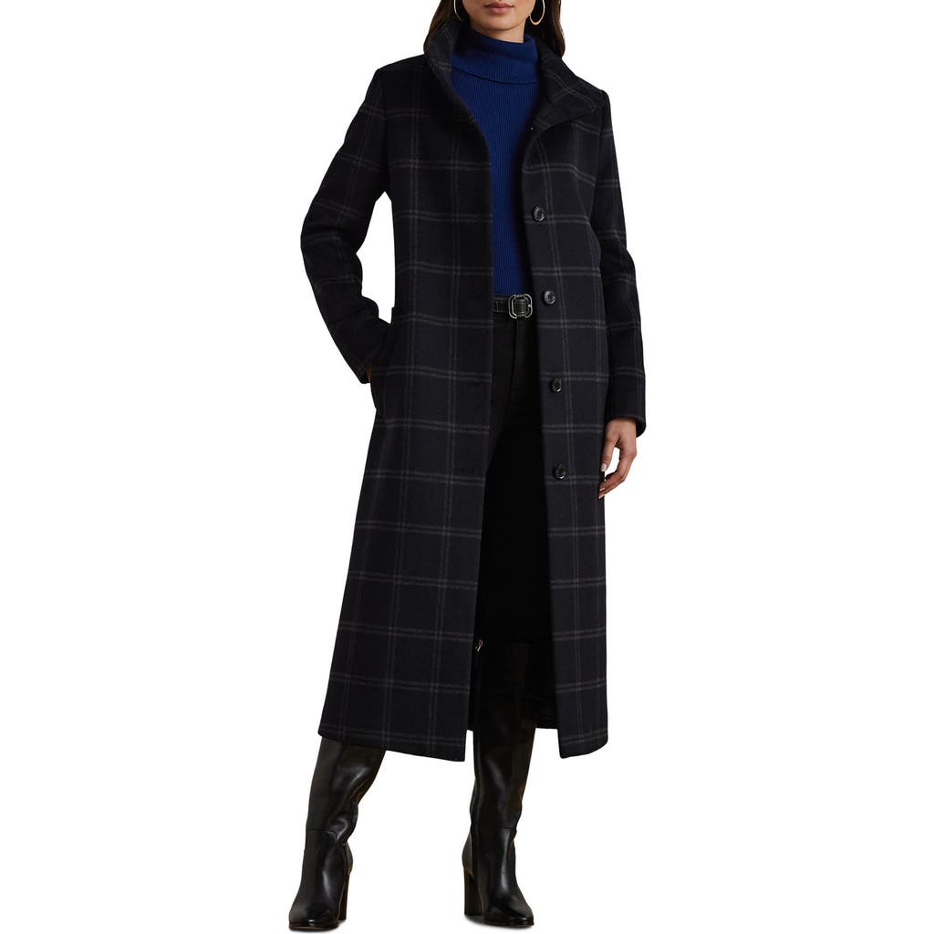 Ralph Lauren Lauren  Plaid Wool Blend Longline Coat In Black
