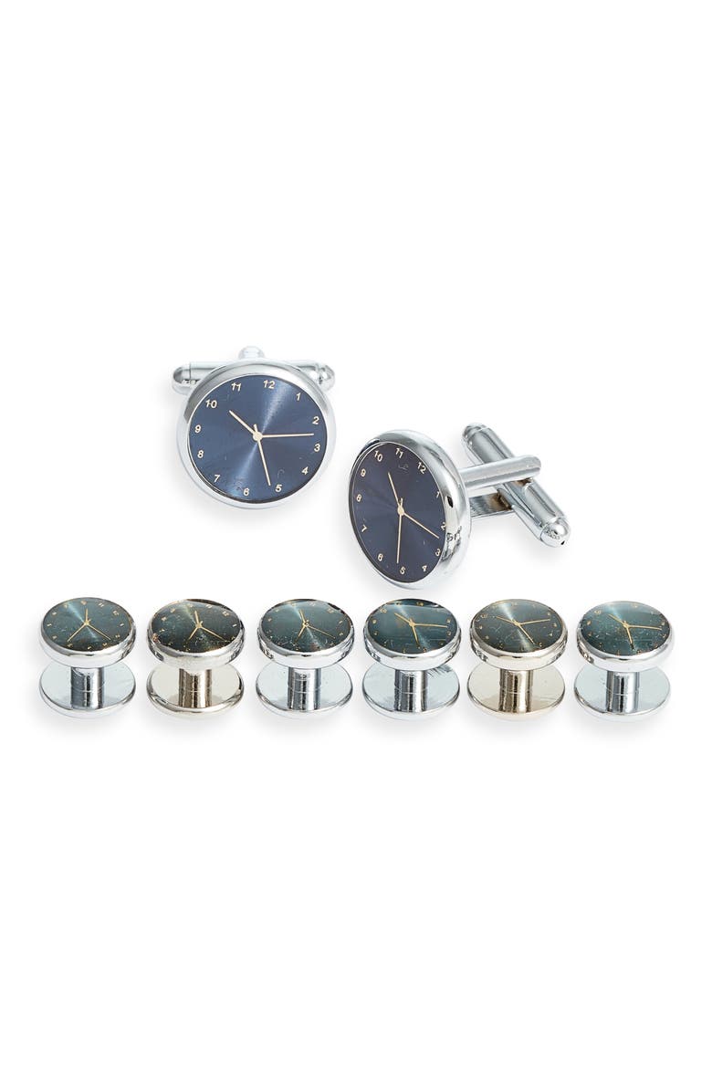 Clock Cuff Link & Stud Set, Main, color, SILVER