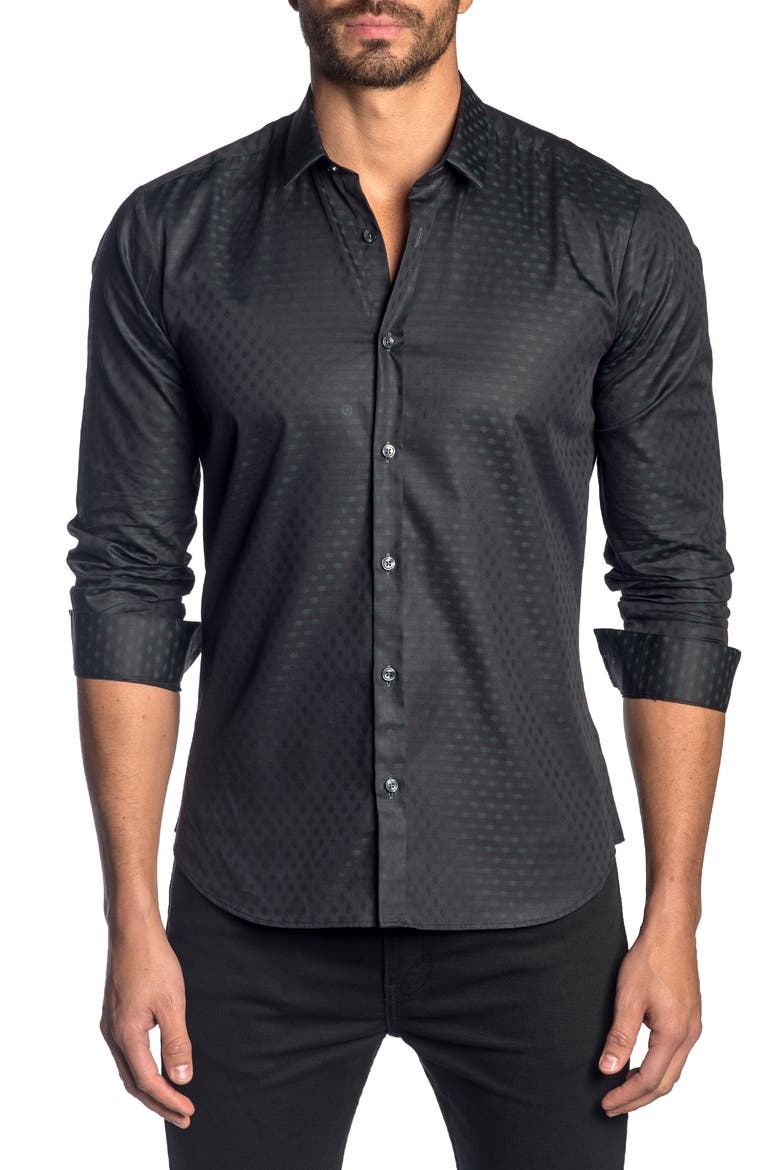 Slim Fit Print Button-Up Sport Shirt, Main, color, DARK GREY GREEN GEOMETRIC