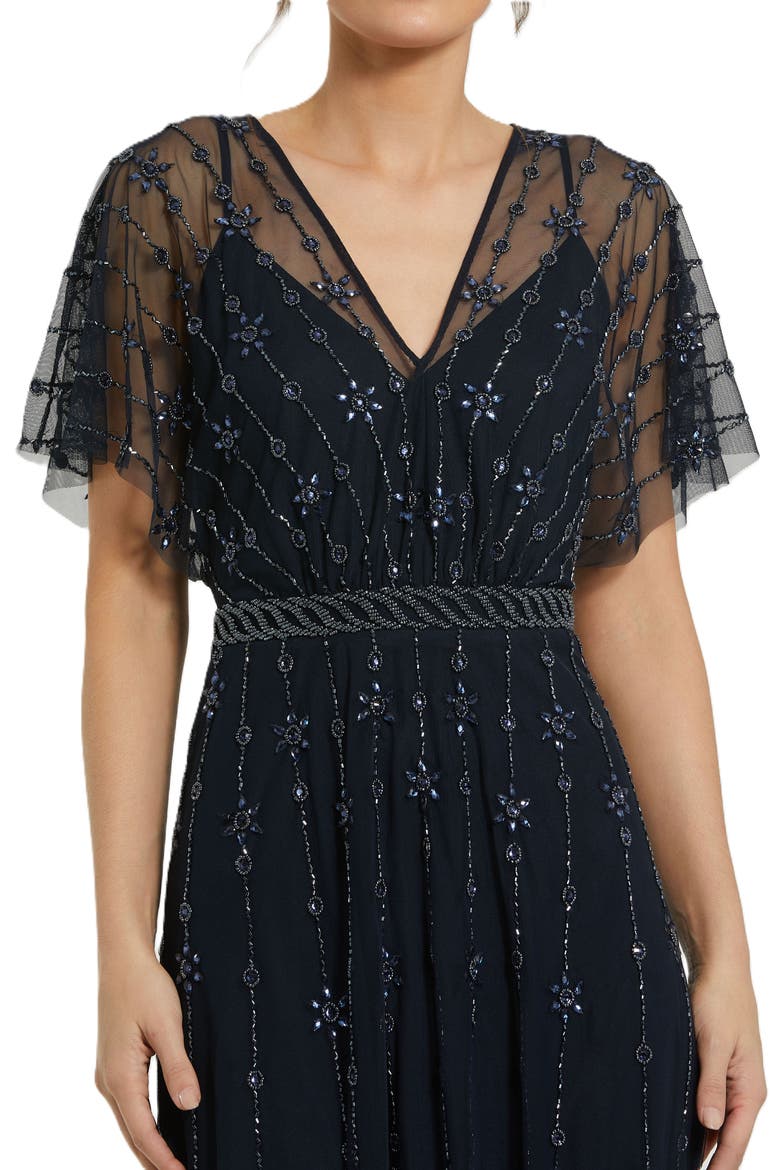 V Neck Embellished Flutter Sleeve A Line Gown, Alternate, color, Midnight