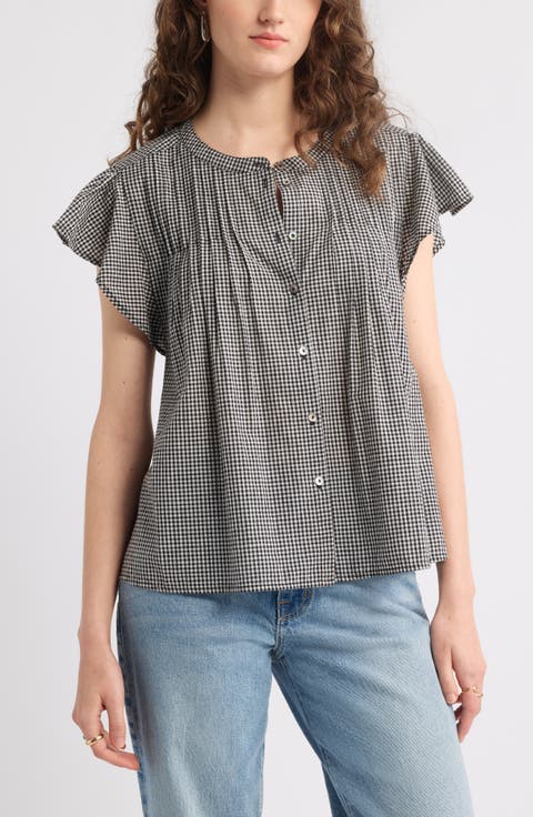 Gingham Flutter Sleeve Button-Up Top