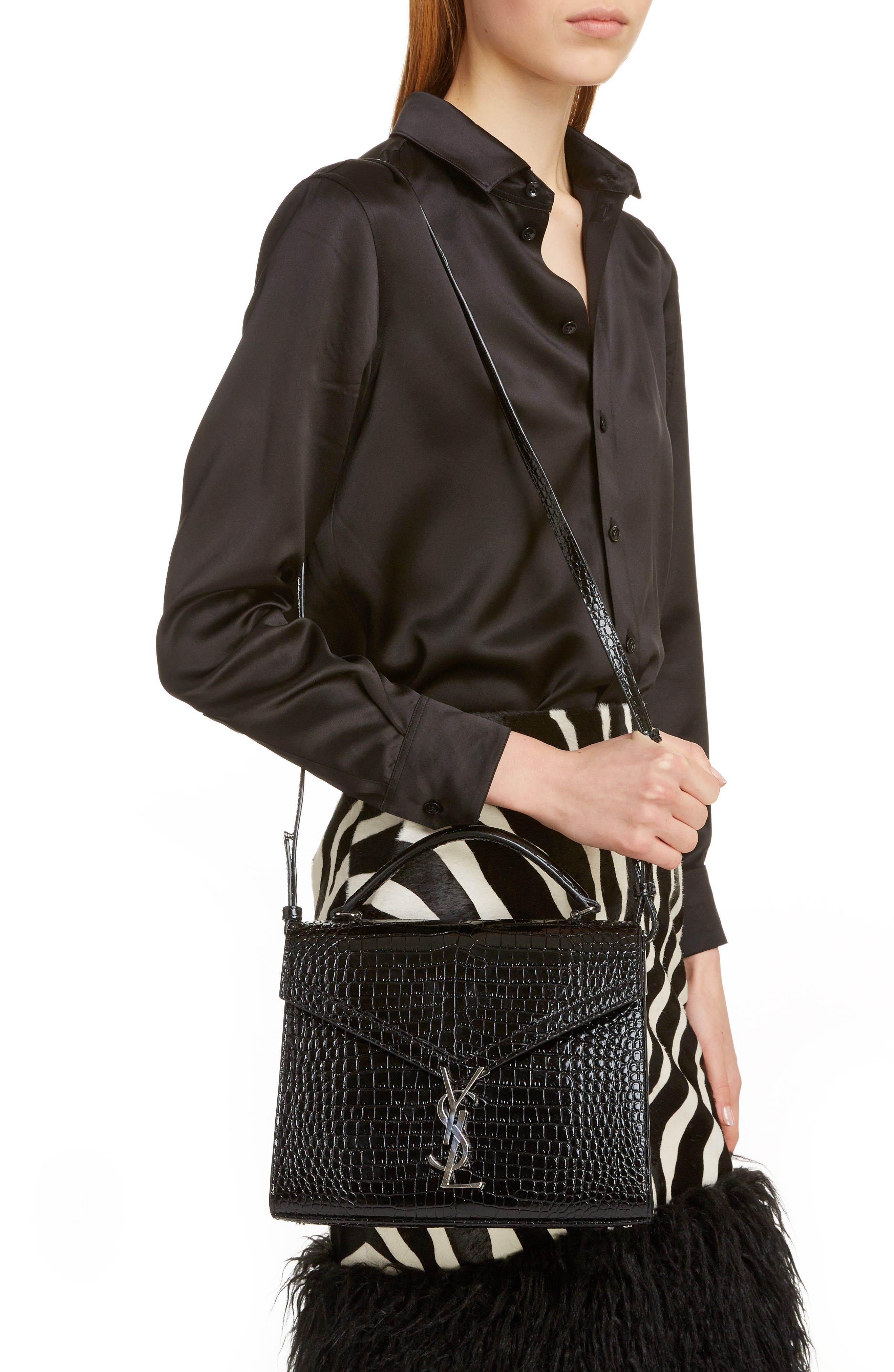 Saint Laurent Medium Cassandra Croc Embossed Calfskin Satchel, Alternate, color, 