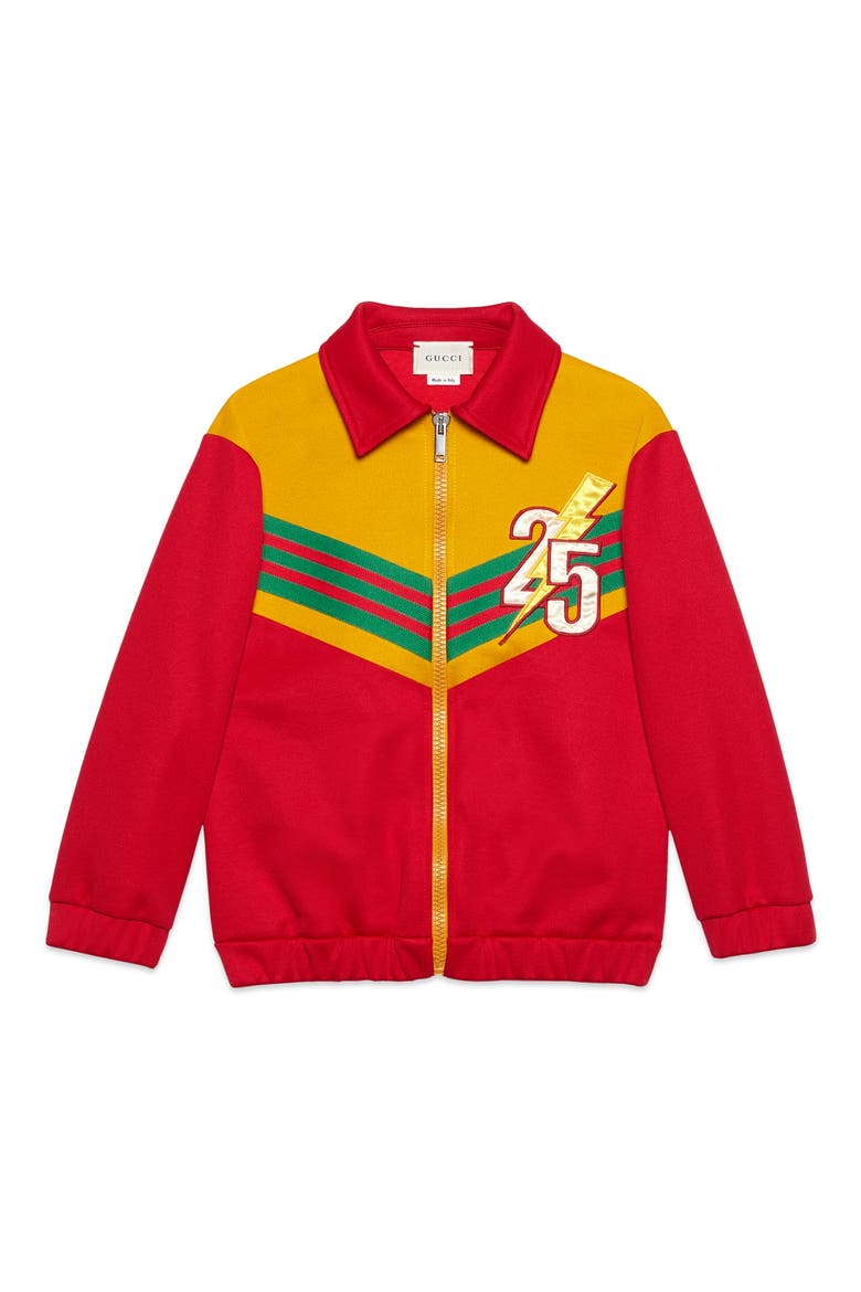 Appliqué Zip Track Jacket, Main, color, CANDY APPLE