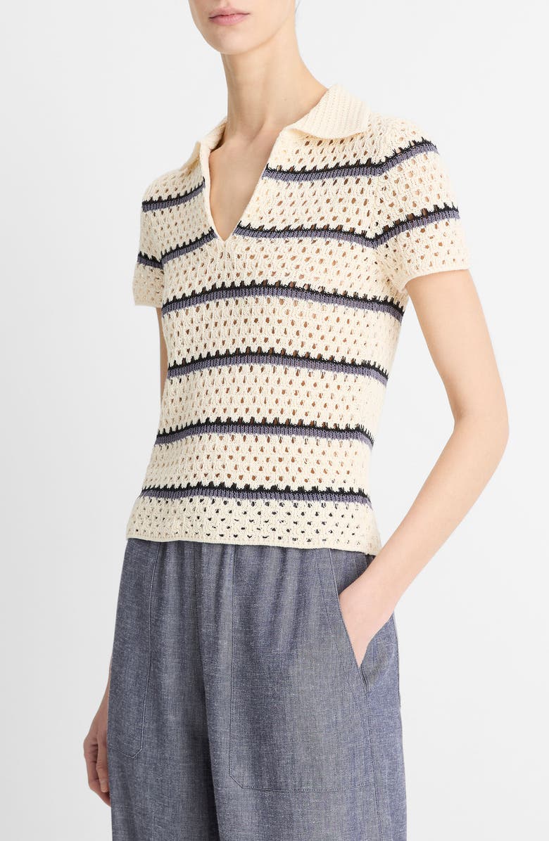 Vince Open Stitch Cotton Johnny Collar Sweater, Alternate, color, Off White Combo