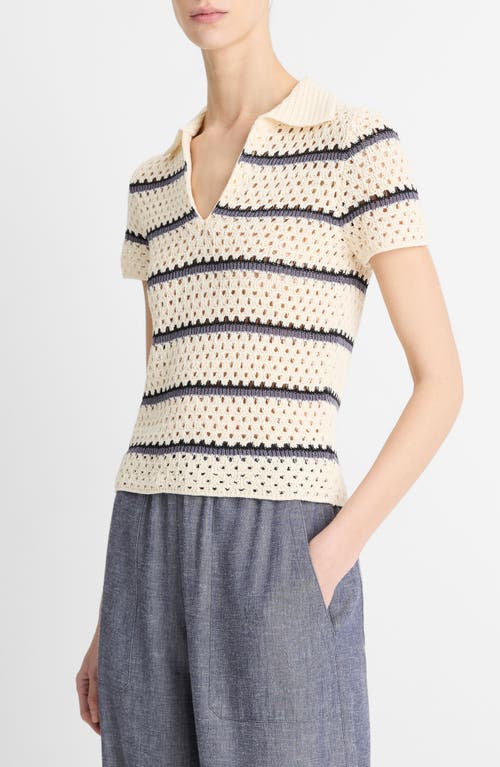 Vince Open Stitch Cotton Johnny Collar Sweater In Off White Combo