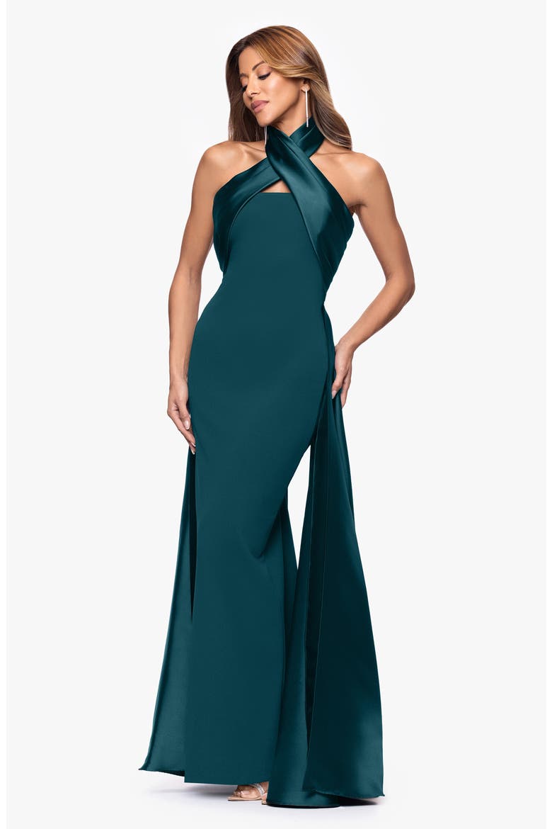 Twist Halter Neck Mikado Scuba Crepe Gown, Alternate, color, PINE