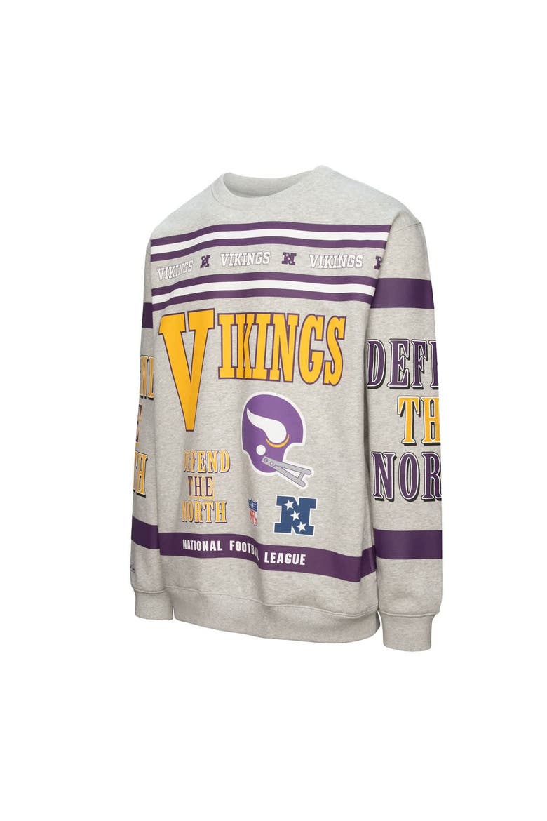 Men's Mitchell & Ness  Heather Gray Minnesota Vikings All Over Print Vintage Fleece Crewneck Sweatshirt, Alternate, color, Heather Gray