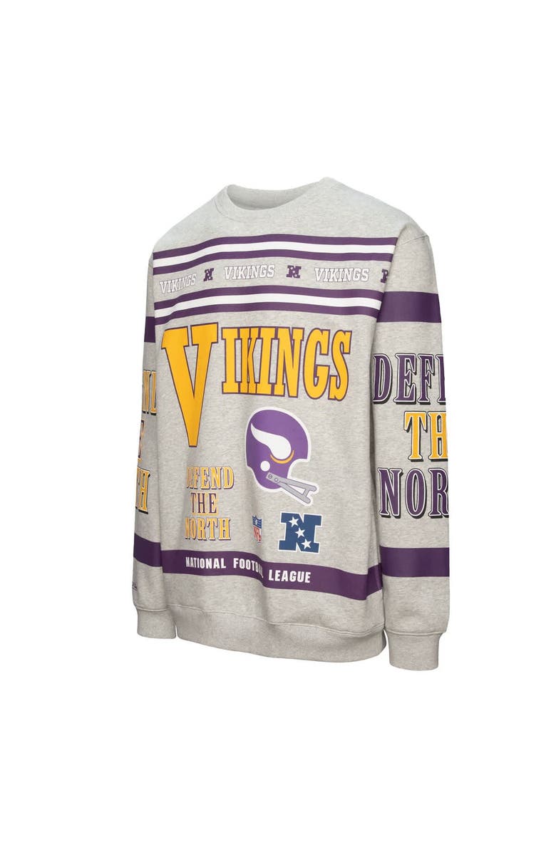 Mitchell & Ness Men's Mitchell & Ness Heather Gray Minnesota Vikings All Over Print Vintage Fleece Crewneck Sweatshirt, Alternate, color, Heather Gray