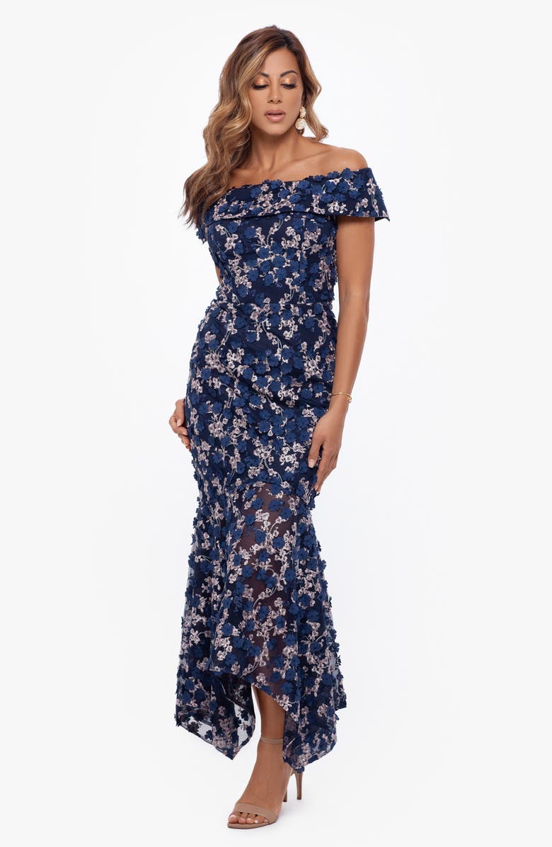 Xscape Evenings Xscape Raised Flower Off the Shoulder Flounce Midi Gown, Alternate, color,