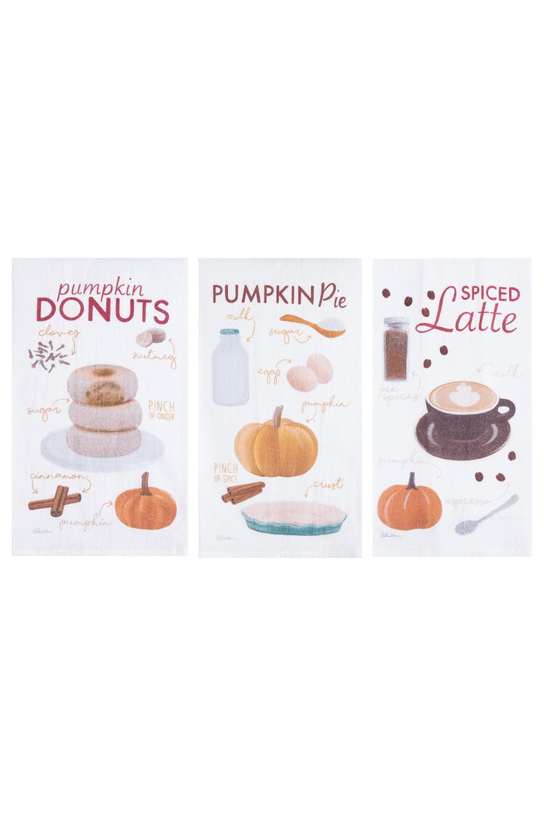 Pumpkin Donuts, Pie & Spiced Latte 100% Cotton Flour Sack Dishtowels Set of 3, Main, color, White