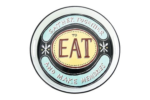 15" Round "gather Together To Each And Make Memories" Enameled Metal Tray With Cut-out Handles