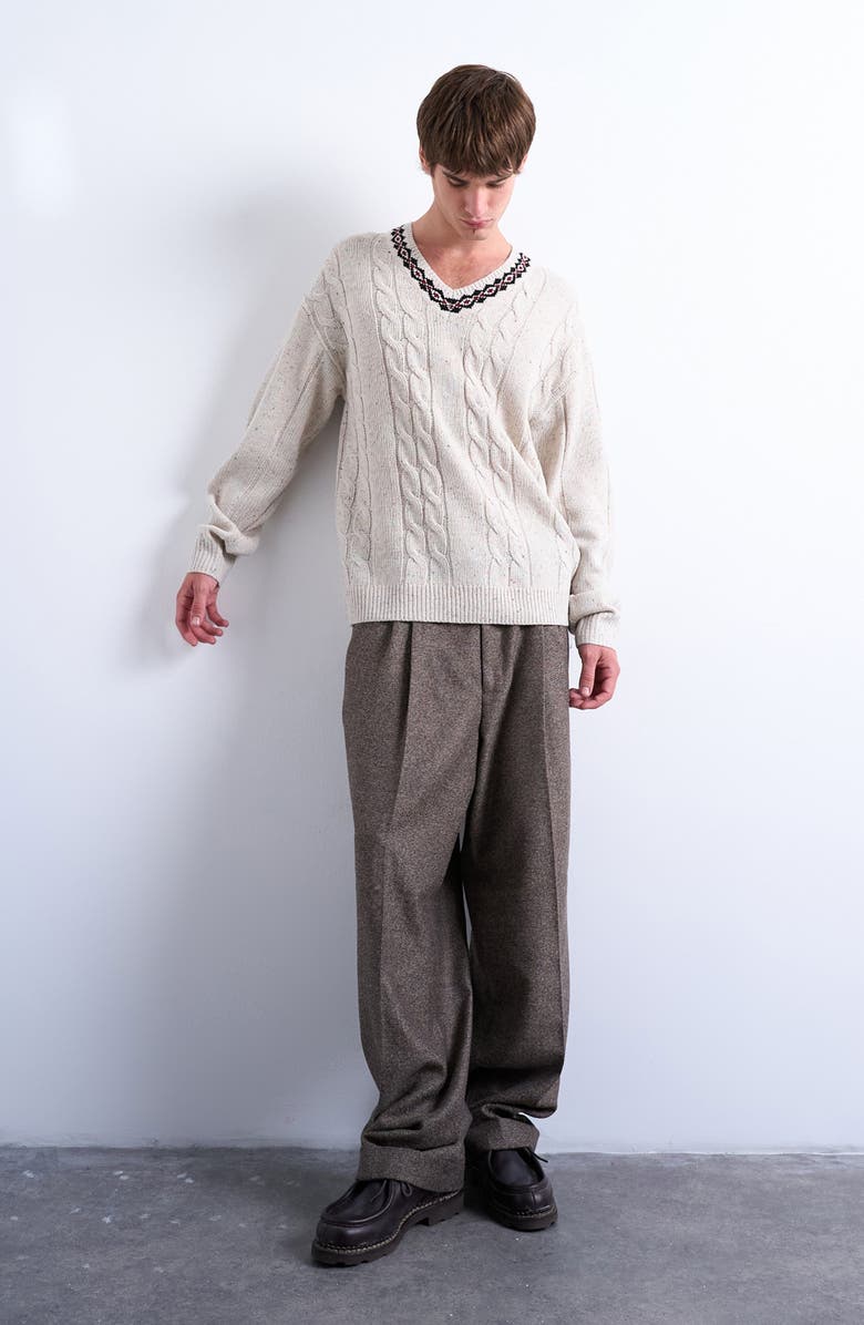 Topman V-Neck Cable Nep Sweater, Alternate, color, Ecru