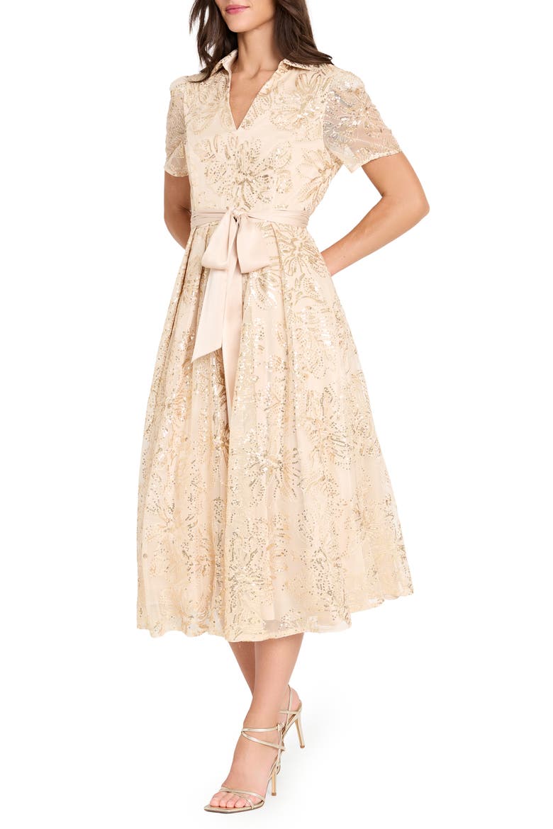 Sequin Tie Waist Midi Dress, Alternate, color, CHAMPAGNE